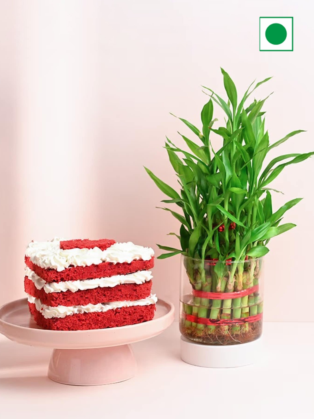 

Floweraura Live Bamboo Plant And Velvet Flavour Heart Shape Cake- 500g, White