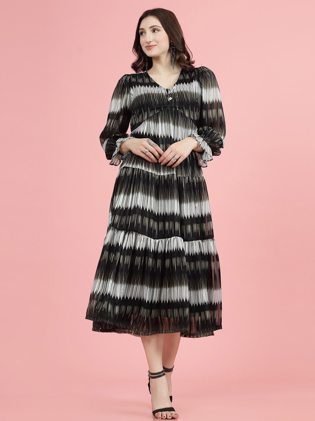 

plusS Abstract Print V-Neck Bell Sleeve Fit & Flare Midi Dress, Black