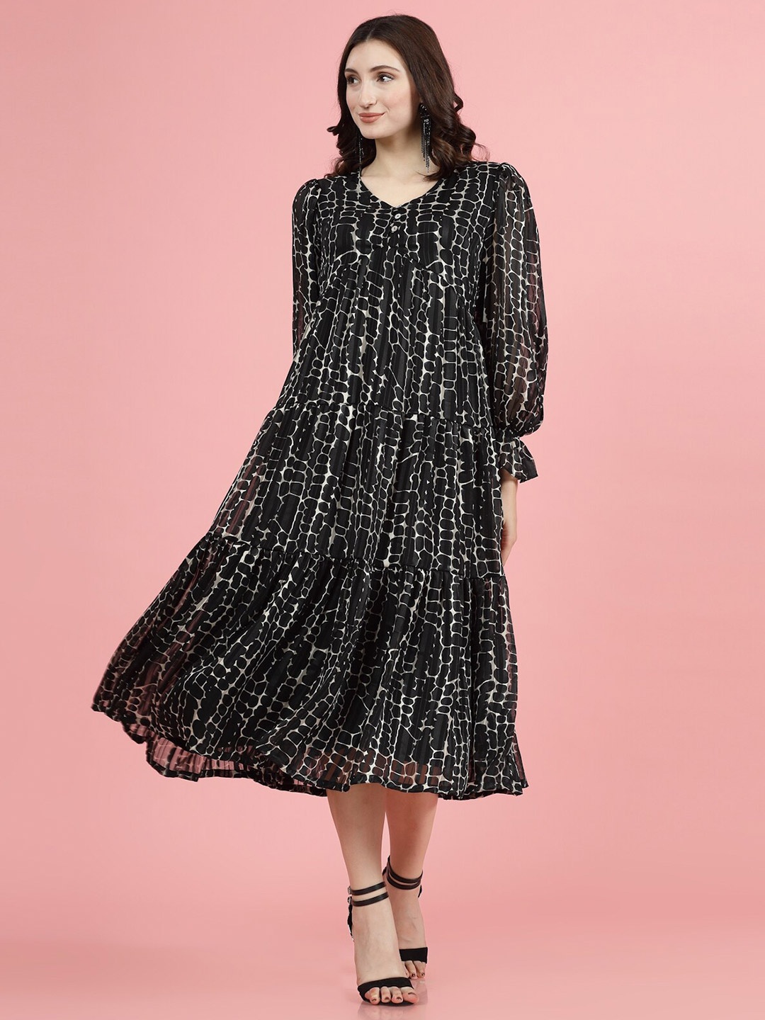 

plusS Abstract Print V-Neck Puff Sleeves A-Line Midi Dress, Black