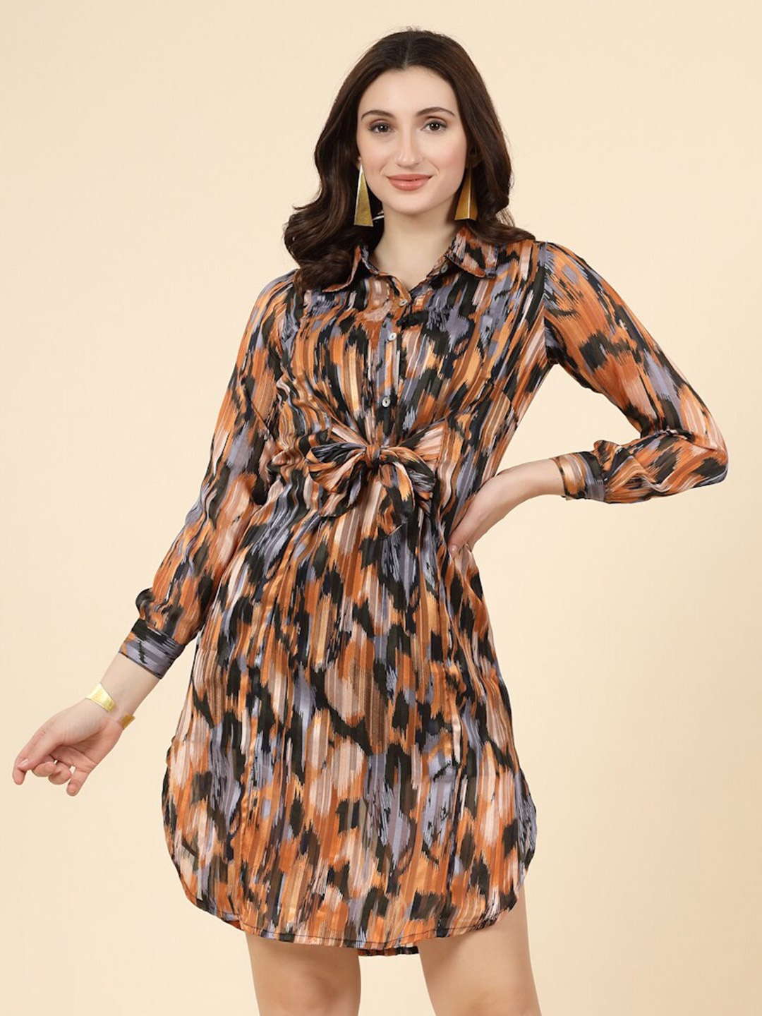 

plusS Abstract Print Cuffed Sleeves Shirt Style Dress, Orange