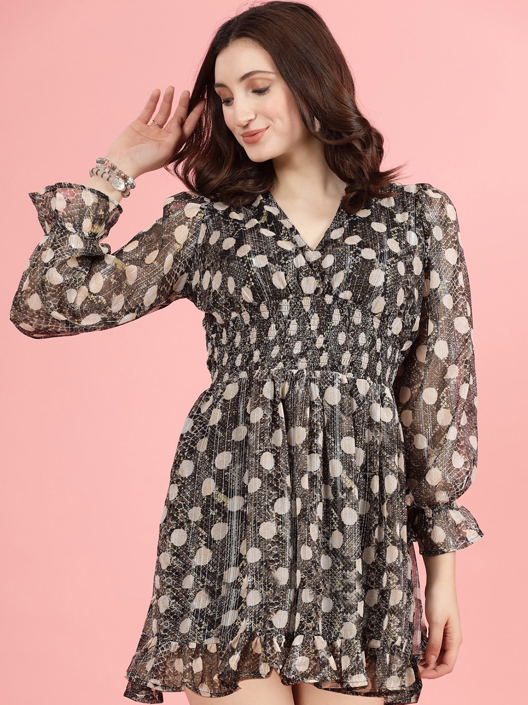 

plusS Floral Printed V-Neck Smocked Puff Sleeve Fit & Flare Dress, Olive