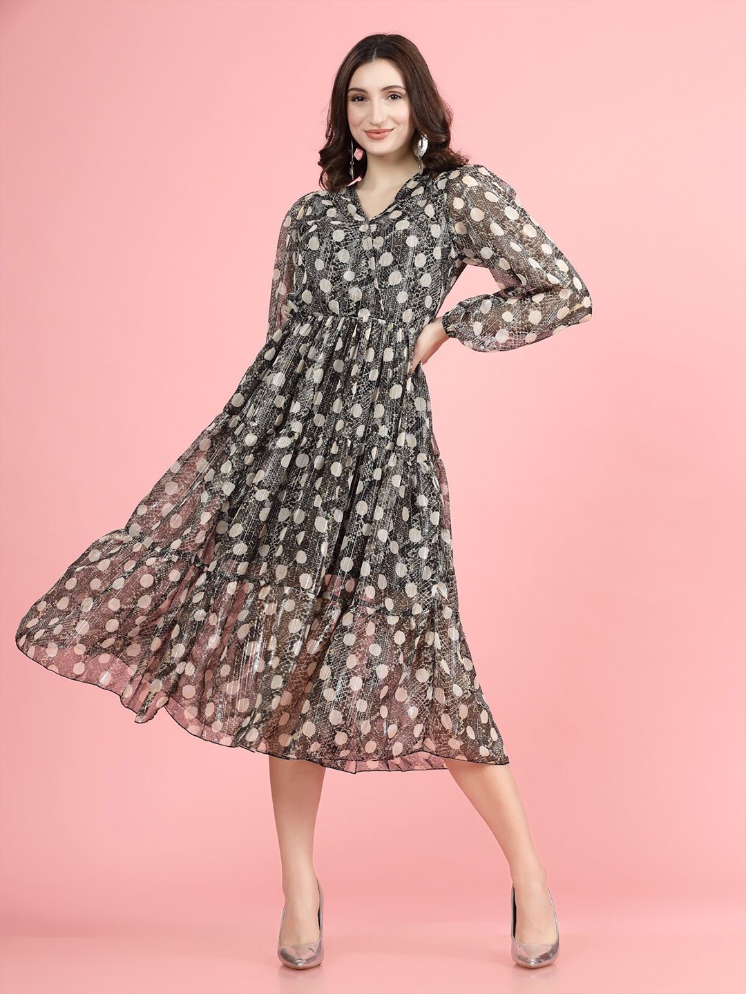 

plusS Floral Print Shirt Collar Puff Sleeve A-Line Midi Dress, Olive