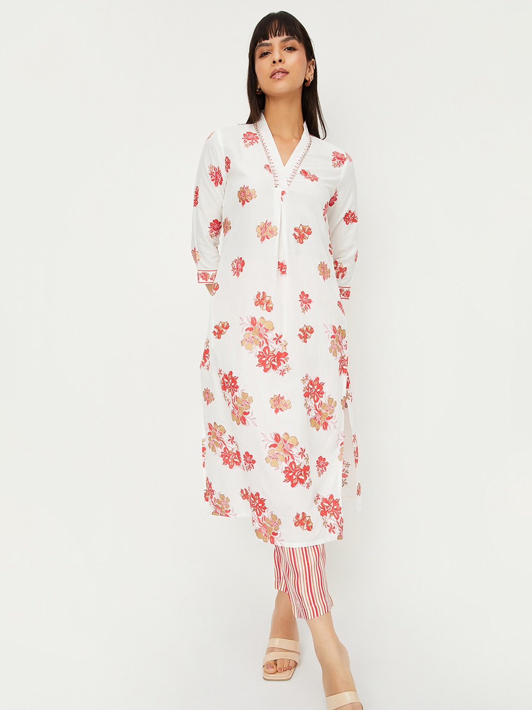 

max Floral Printed A-Line Kurta With Trousers, Off white