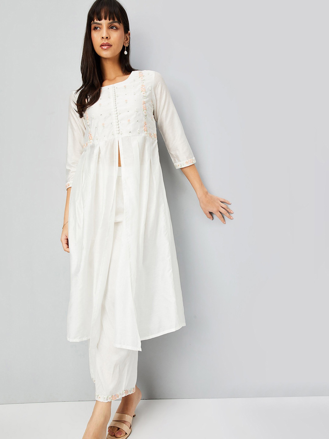 

max Floral Embroidered A-Line Kurta With Palazzo, Off white