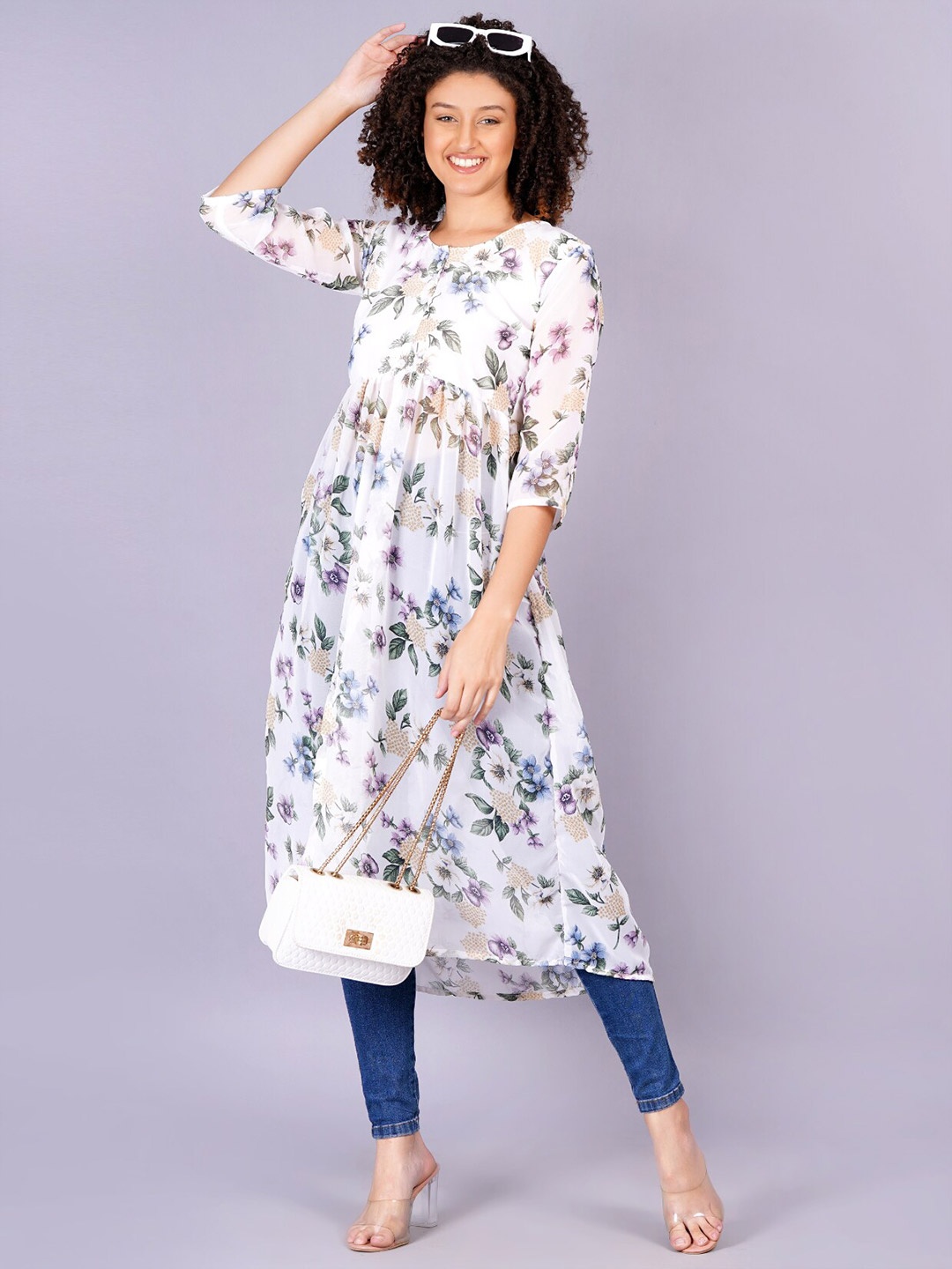 

HIGHLIGHT FASHION EXPORT Floral Printed Round Neck High Slit Fusion Kurta, White