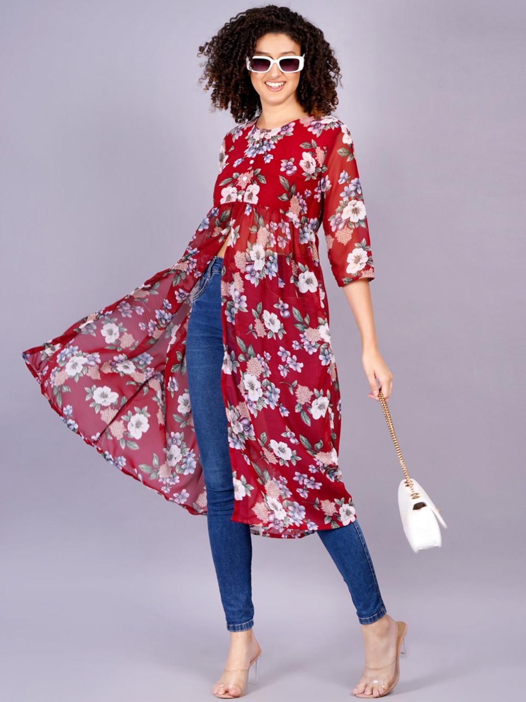 HIGHLIGHT FASHION EXPORT Floral Printed Round Neck High Slit Fusion Kurta, Red