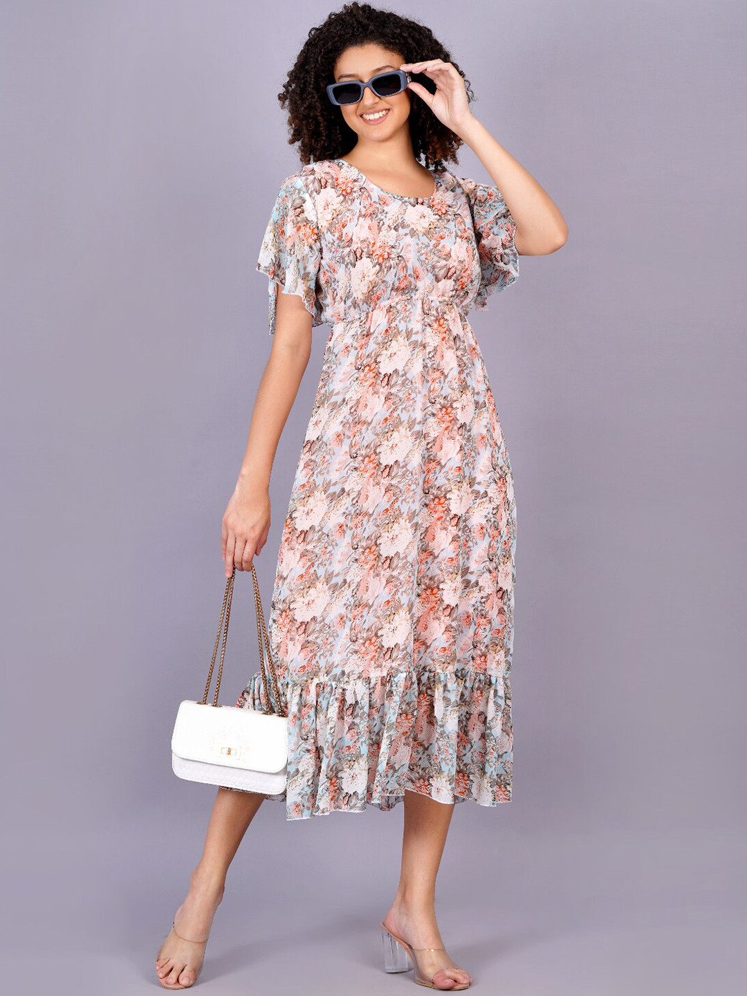 

HIGHLIGHT FASHION EXPORT Floral Printed Flared Sleeves Georgette Fit & Flare Midi Dress, Peach