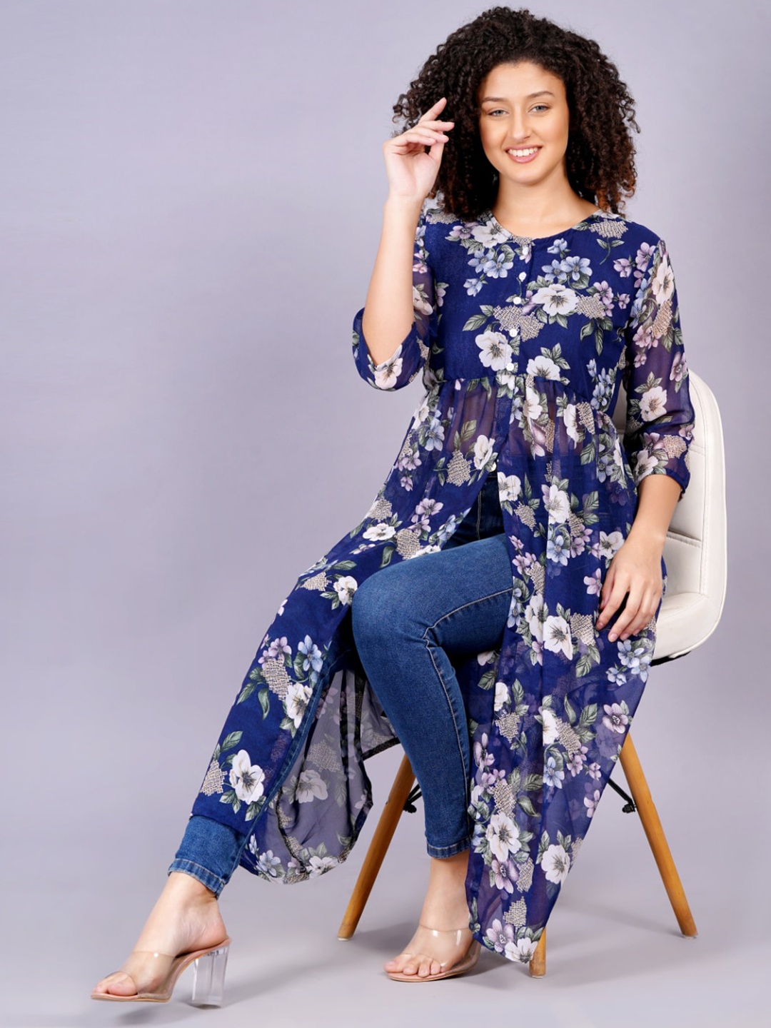 

HIGHLIGHT FASHION EXPORT Floral Printed Round Neck High Slit Fusion Kurta, Navy blue