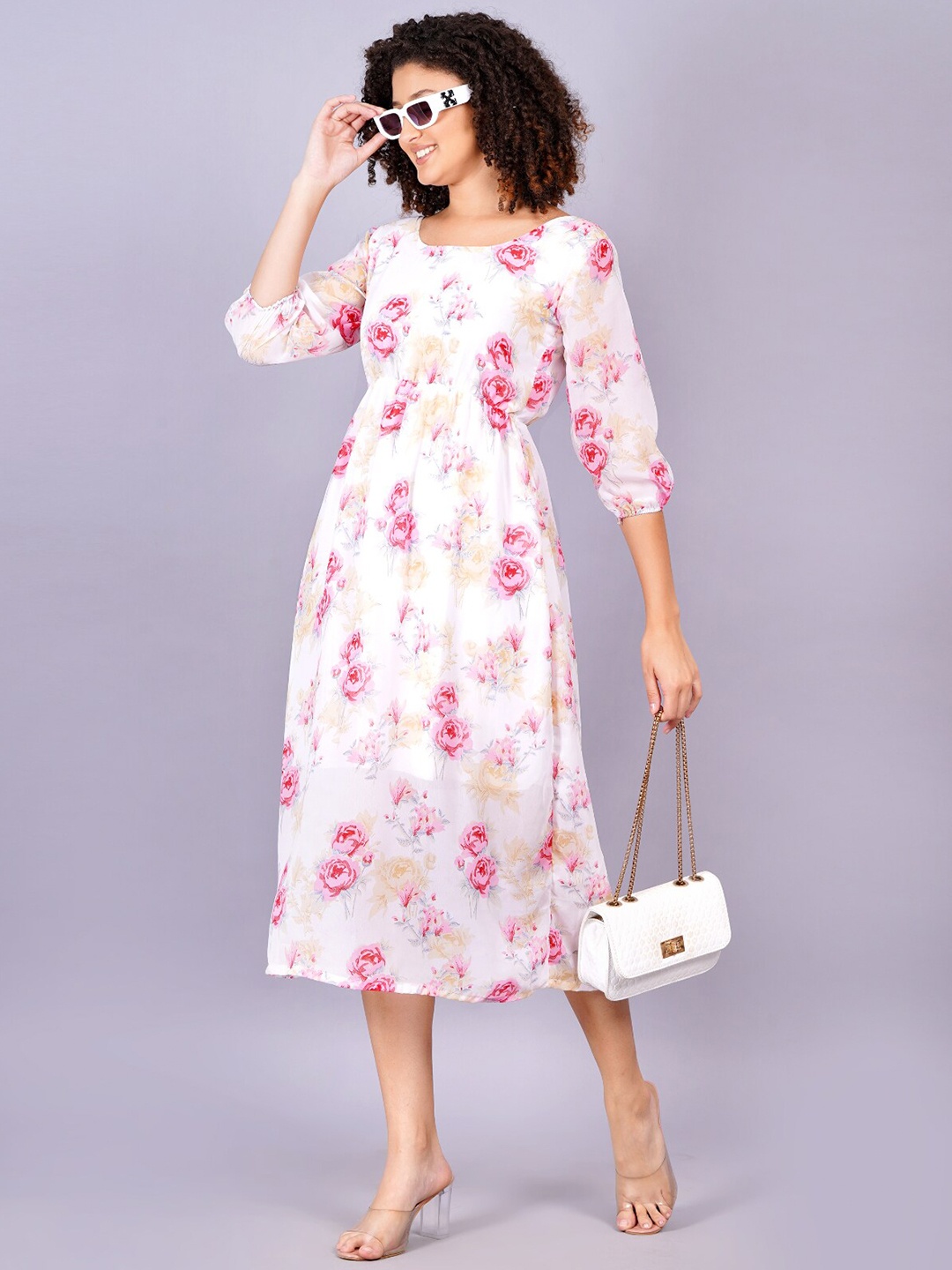 

HIGHLIGHT FASHION EXPORT Floral Printed Georgette Fit & Flare Midi Dress, White