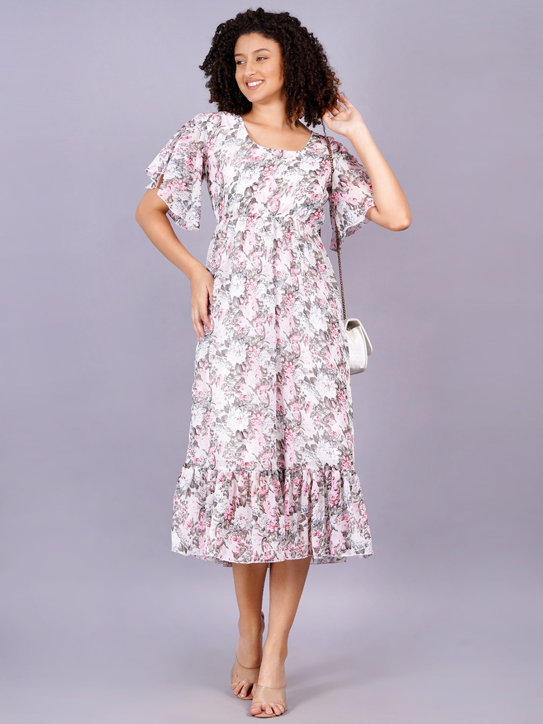 

HIGHLIGHT FASHION EXPORT Floral Printed Flared Sleeves Georgette A-Line Midi Dress, Pink