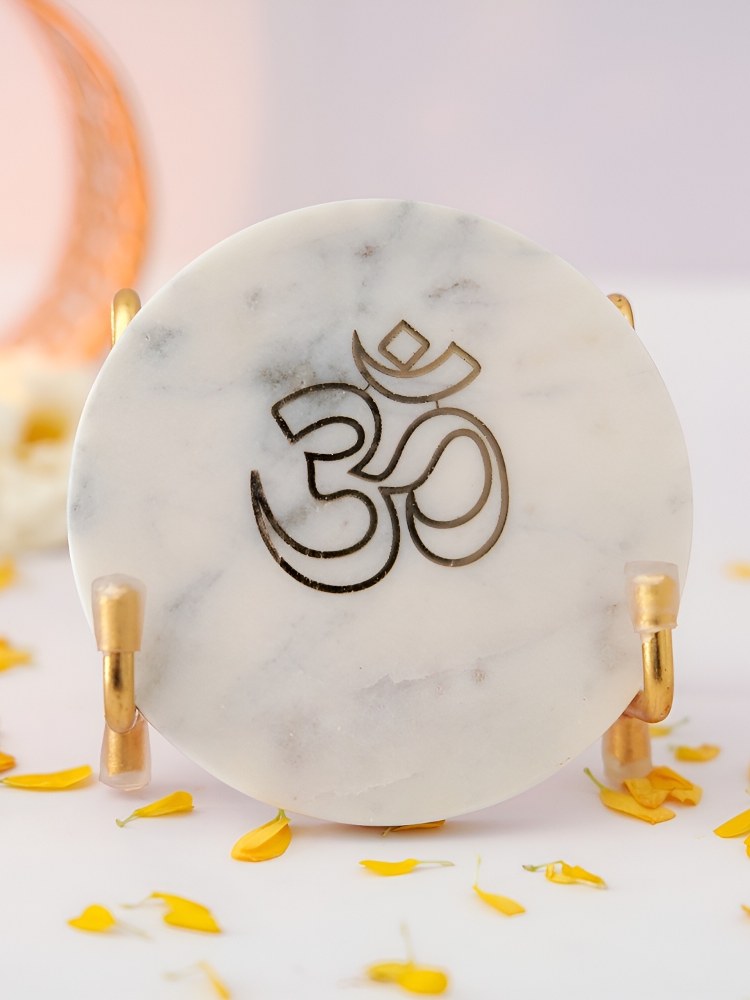 

HOMEARTE White OM Marble with Metal Holder Religious Idol Showpiece