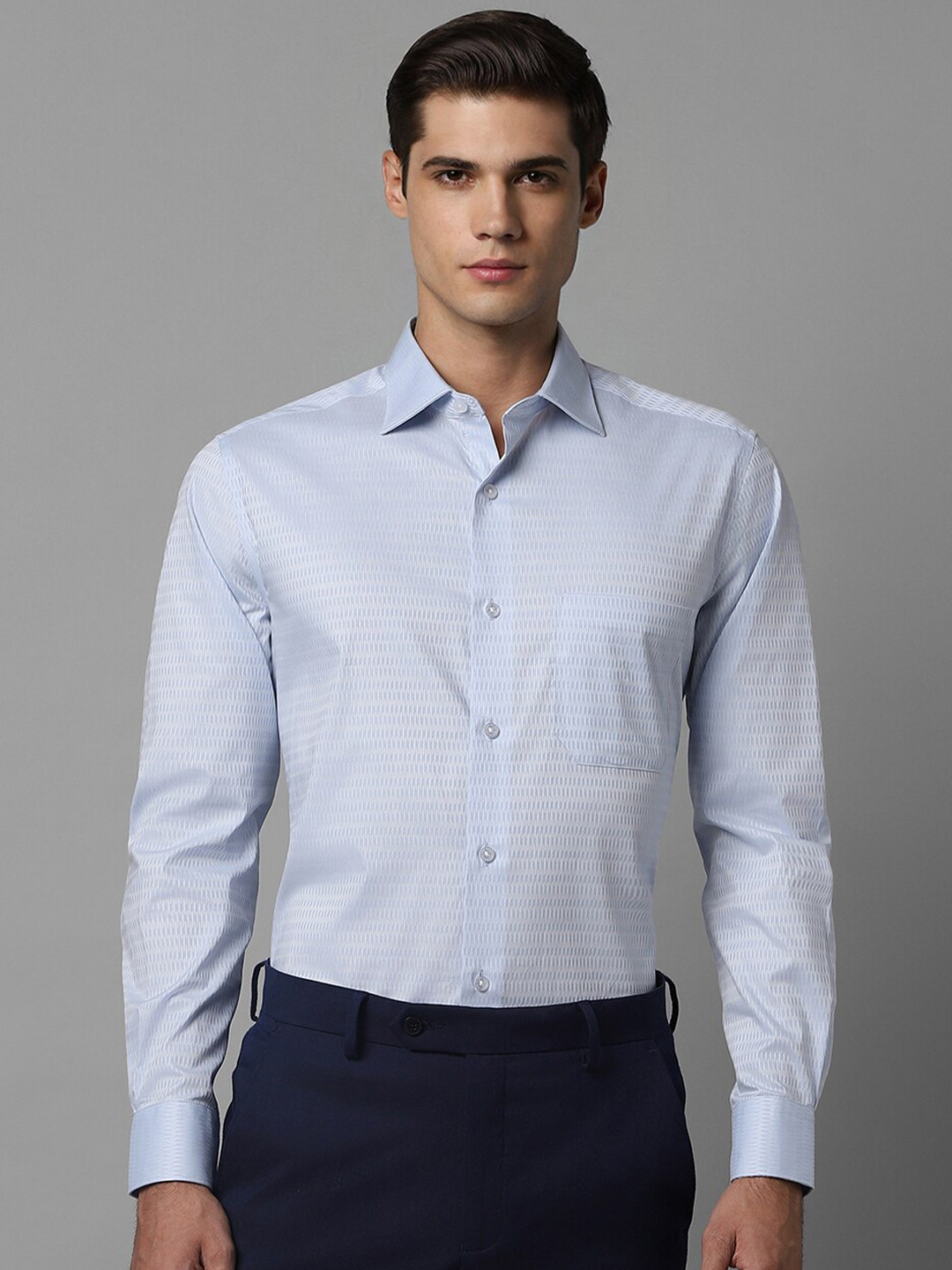 

Louis Philippe Self Design Textured Spread Collar Straight Cotton Formal Shirt, Blue