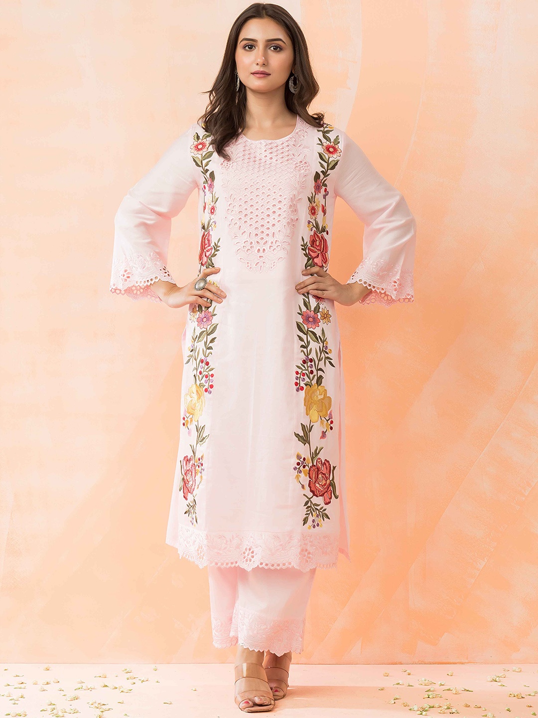 

SACRED SUTA Embroidered Bell Sleeves Pure Cotton Straight Straight Kurta With Trousers, Pink