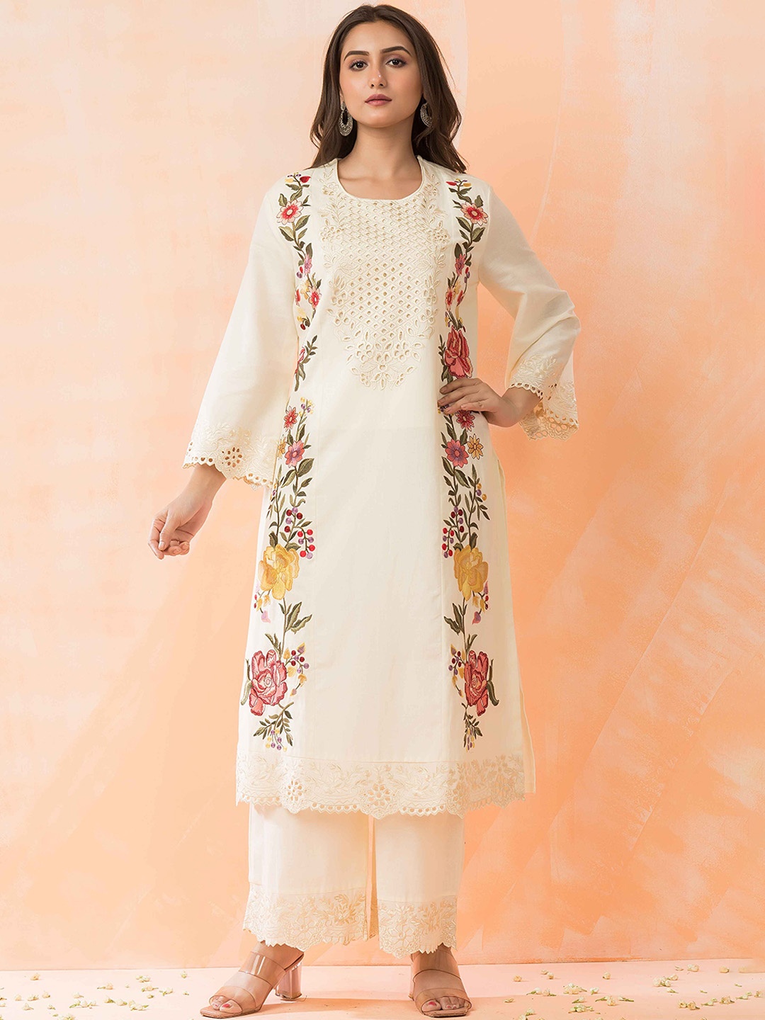 

SACRED SUTA Floral Embroidered Bell Sleeves Pure Cotton Straight Kurta With Trousers, Cream