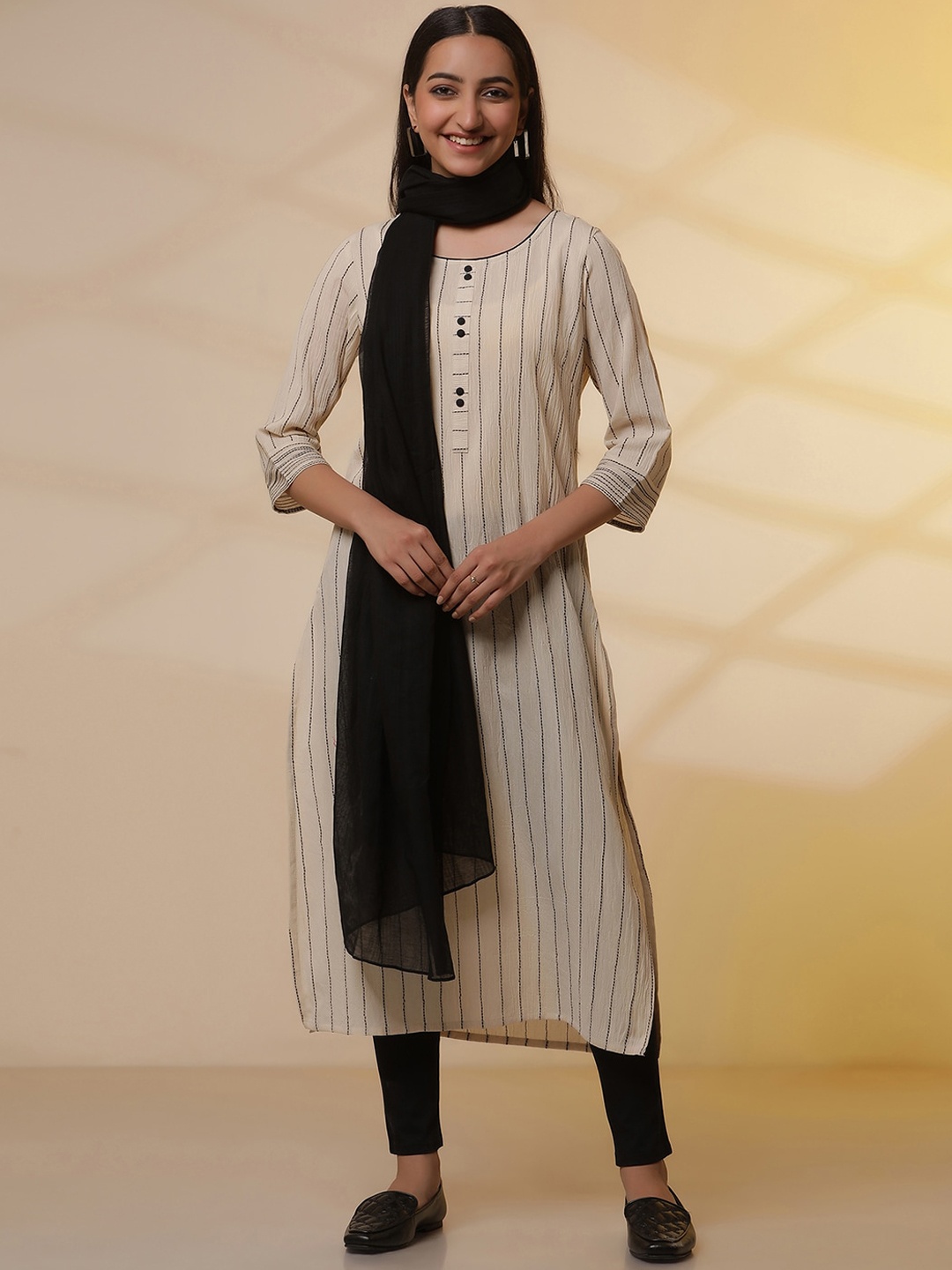 

AURELIA Striped Embroidered Thread Work Pure Cotton Kurta With Jeggings & Dupatta, Beige