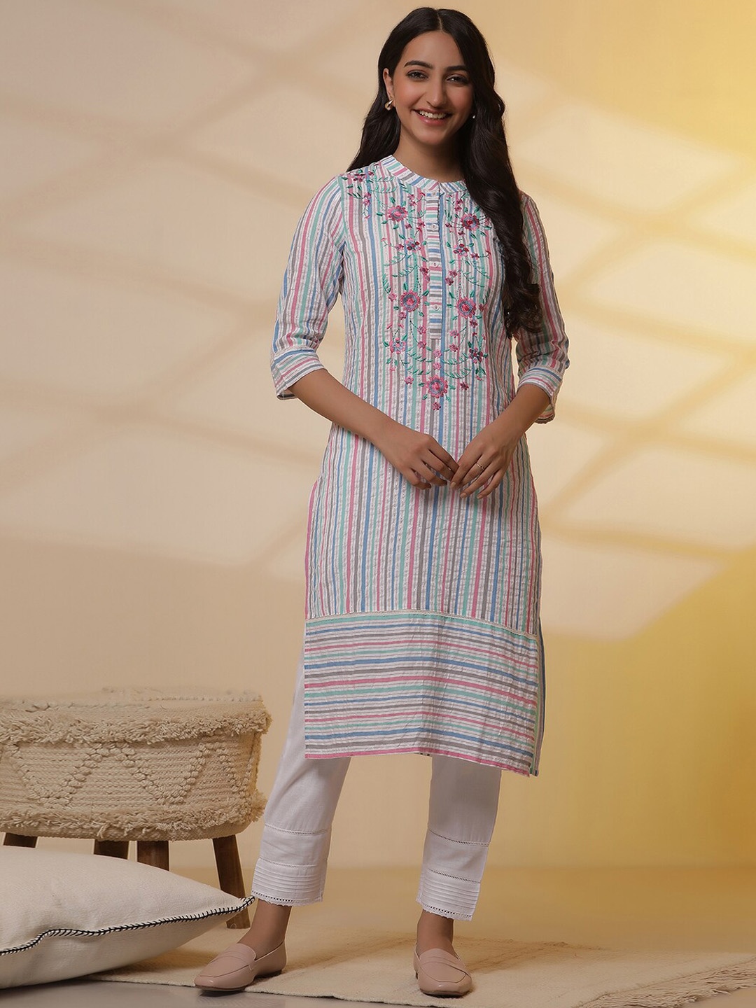 

AURELIA Striped Embroidered Thread Work Mandarin Collar Pure Cotton Kurta with Trousers, White