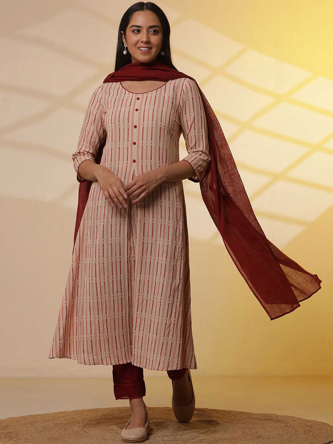 

AURELIA Striped Embroidered Thread Work Pure Cotton Kurta With Trousers & Dupatta, Beige