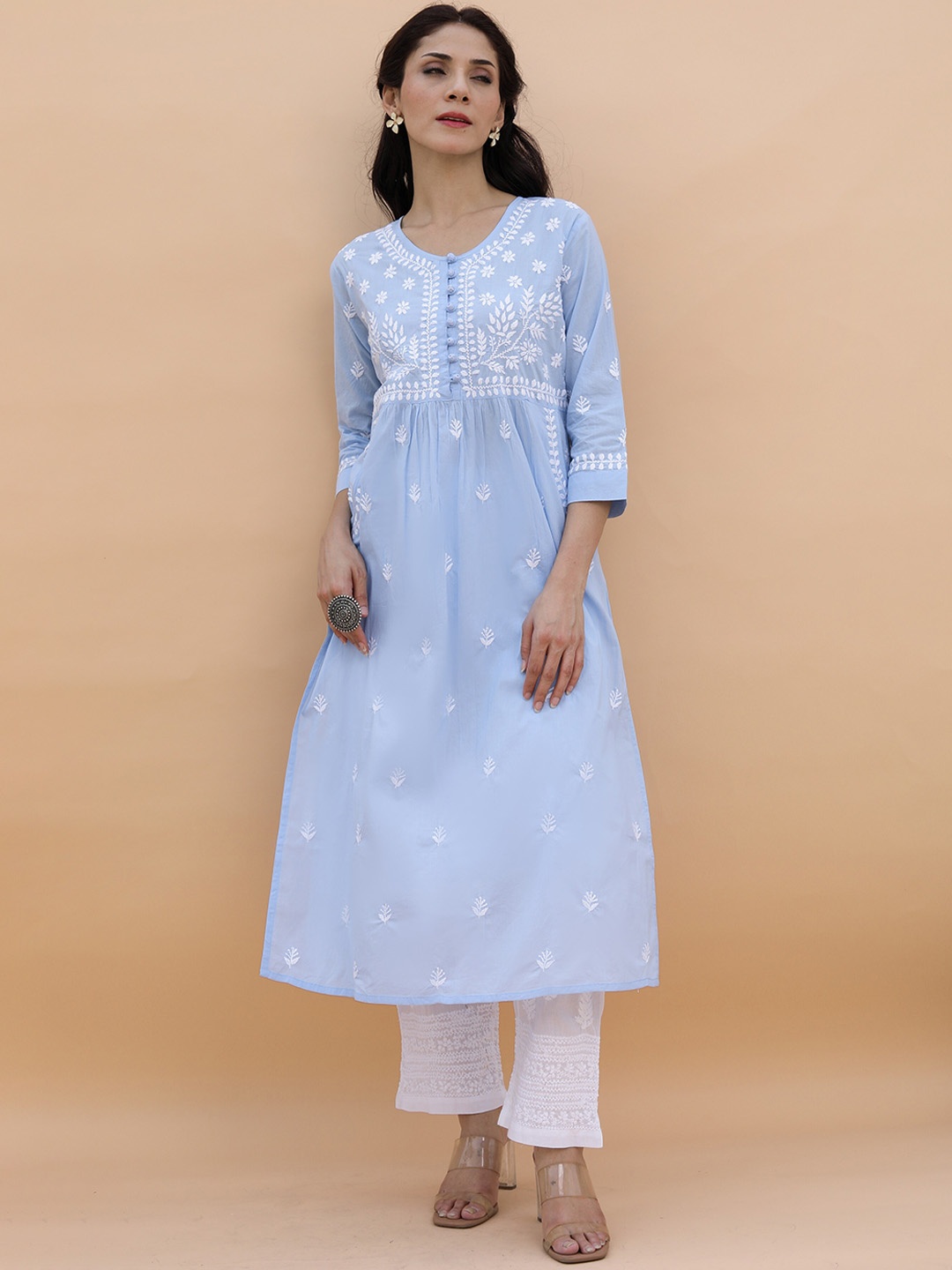 

HOUSE OF KARI Floral Embroidered Straight Kurta, Blue