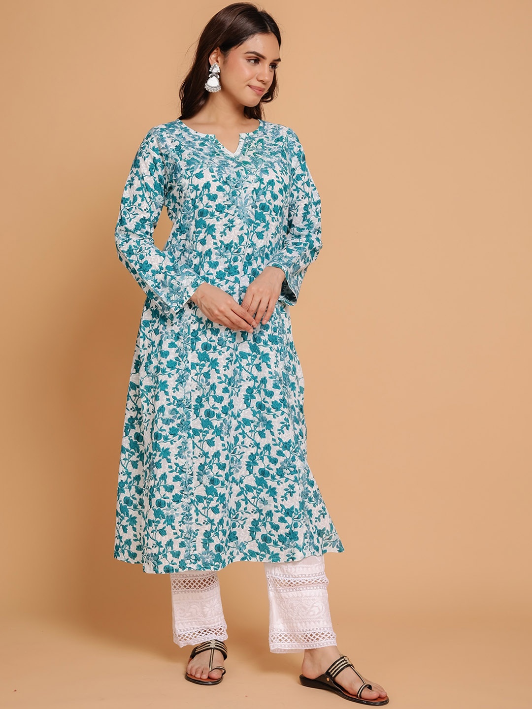 

HOUSE OF KARI Floral Printed Chikankari Straight Kurta, Blue