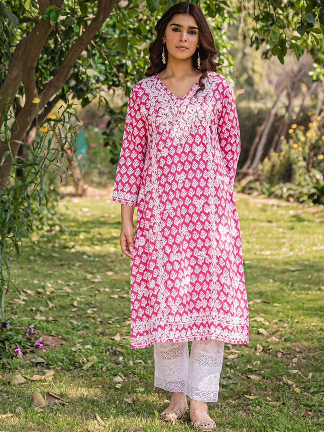 HOUSE OF KARI Floral Yoke Design Straight Kurta, Pink