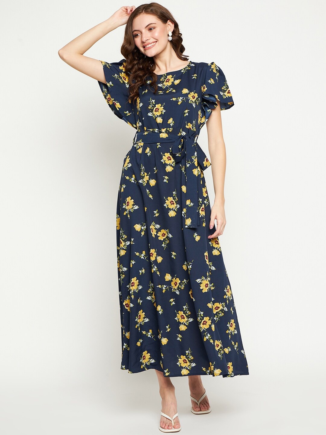 

Fashfun Floral Printed Round Neck Flared Sleeve Crepe Maxi Dress, Blue