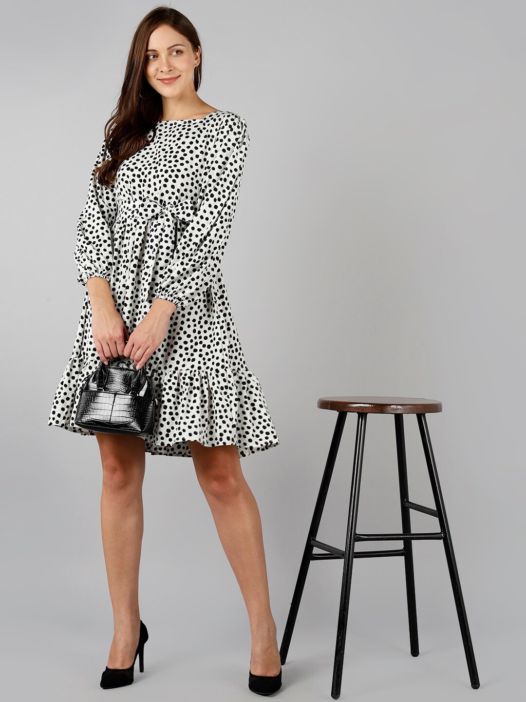 

Fashfun Animal Printed Round Neck Crepe Fit & Flare Dress, White