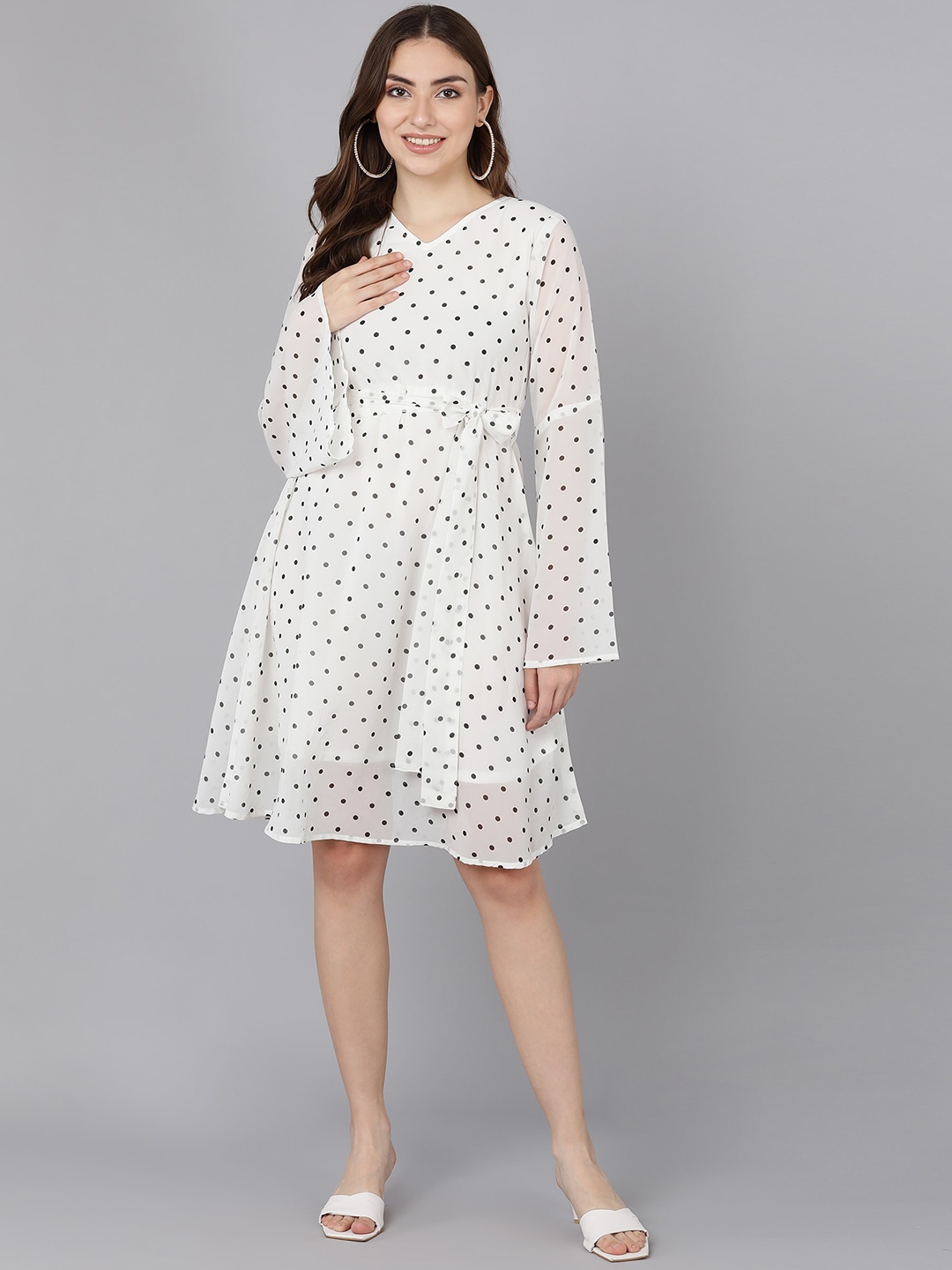 

Fashfun Polka Dot Print V-Neck Flared Sleeve Georgette Fit & Flare Dress, White