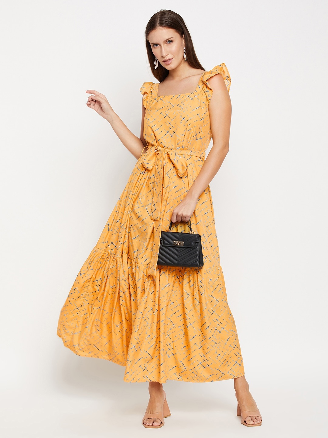 

Fashfun Floral Printed Shoulder Straps Crepe Maxi Dress, Yellow