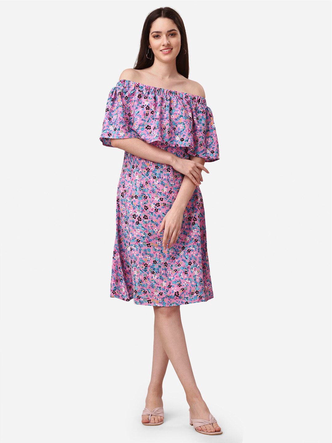 

Fashfun Floral Print Off-Shoulder Cape Sleeve Crepe A-Line Dress, Pink