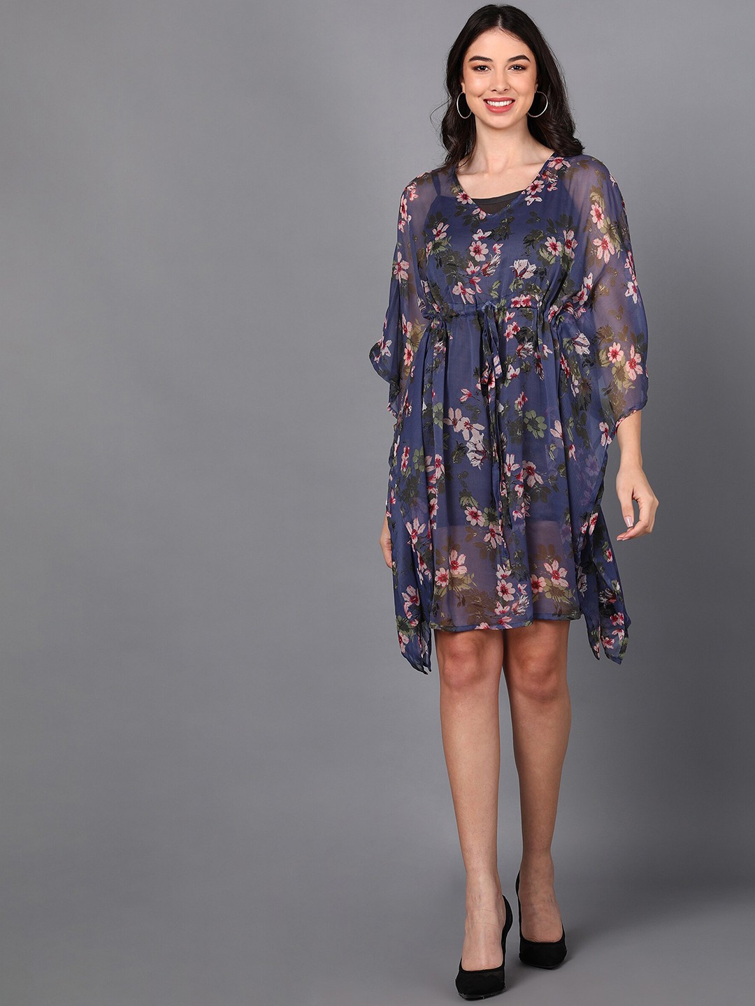 

Fashfun Floral Print V-Neck Puff Sleeve Chiffon Fit & Flare Dress, Blue