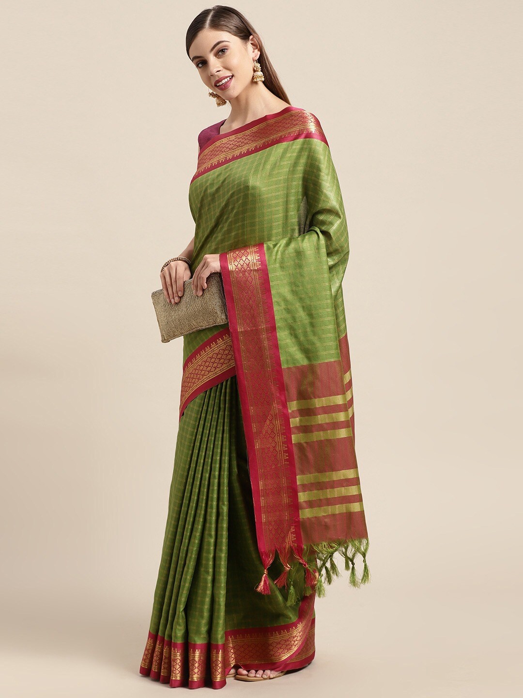 

PATLIPALLU Checked Zari Pure Silk Saree, Green