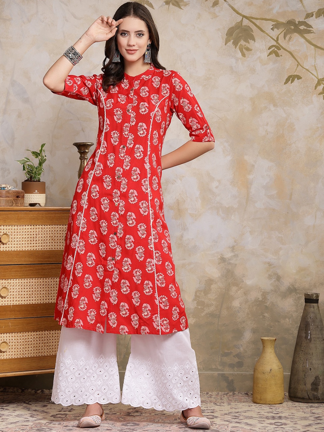 

Stylum Floral Printed Mandarin Collar A-Line Kurta, Red