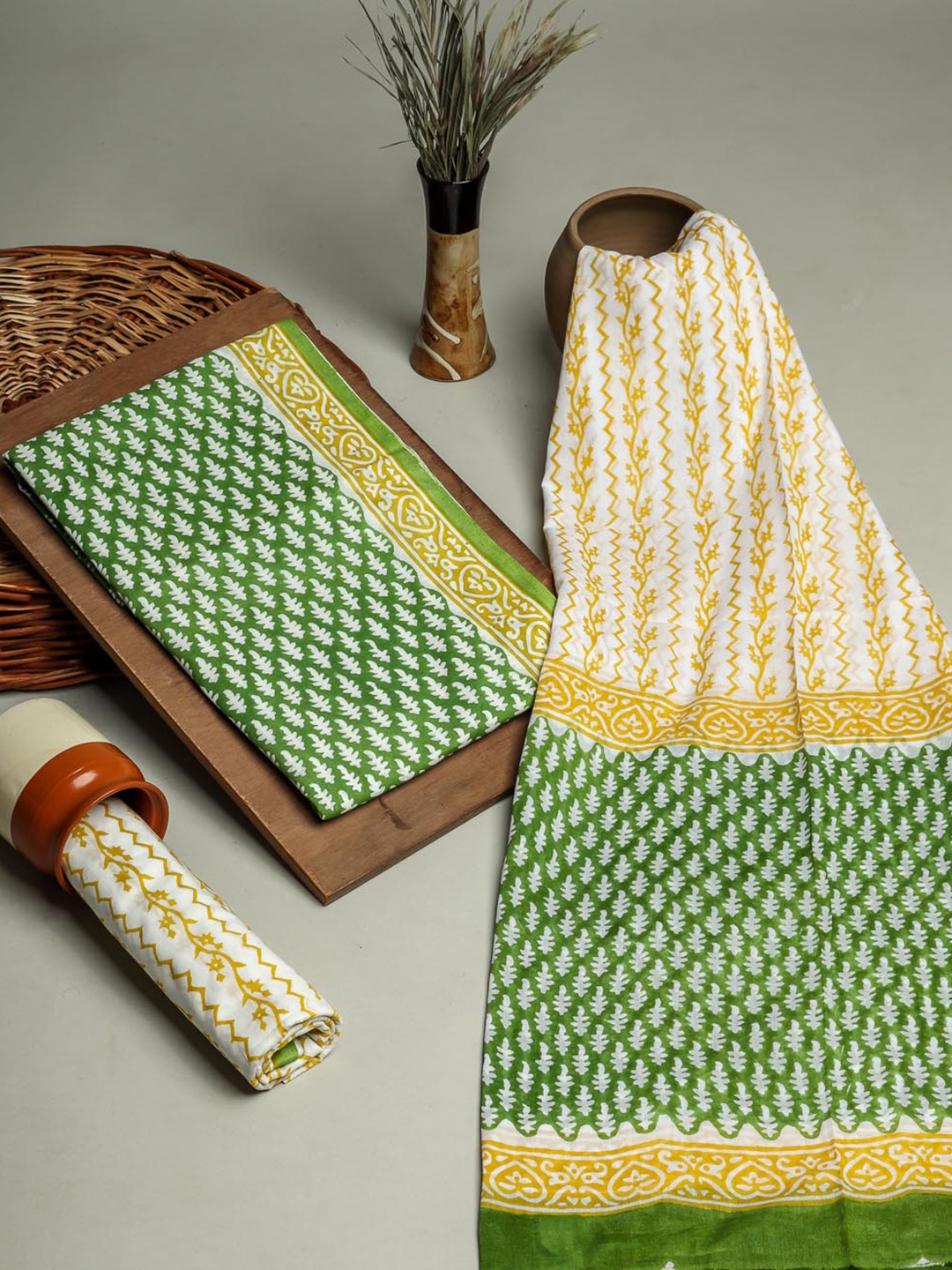 

Kishori Sarees Ethnic Motifs Printed Pure Cotton Unstitched Dress Material, Green