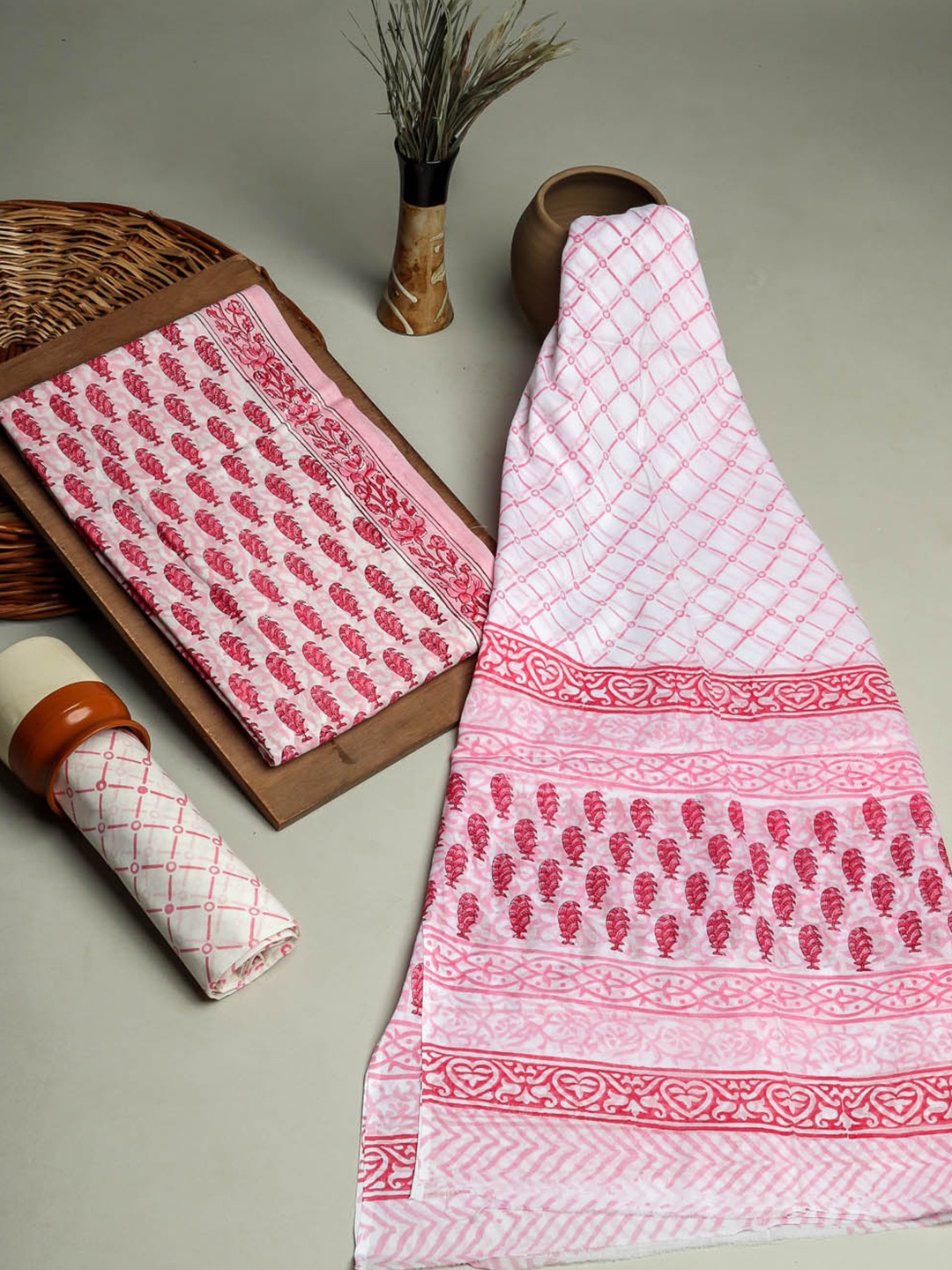 

Kishori Sarees Ethnic Motifs Printed Pure Cotton Unstitched Dress Material, Pink