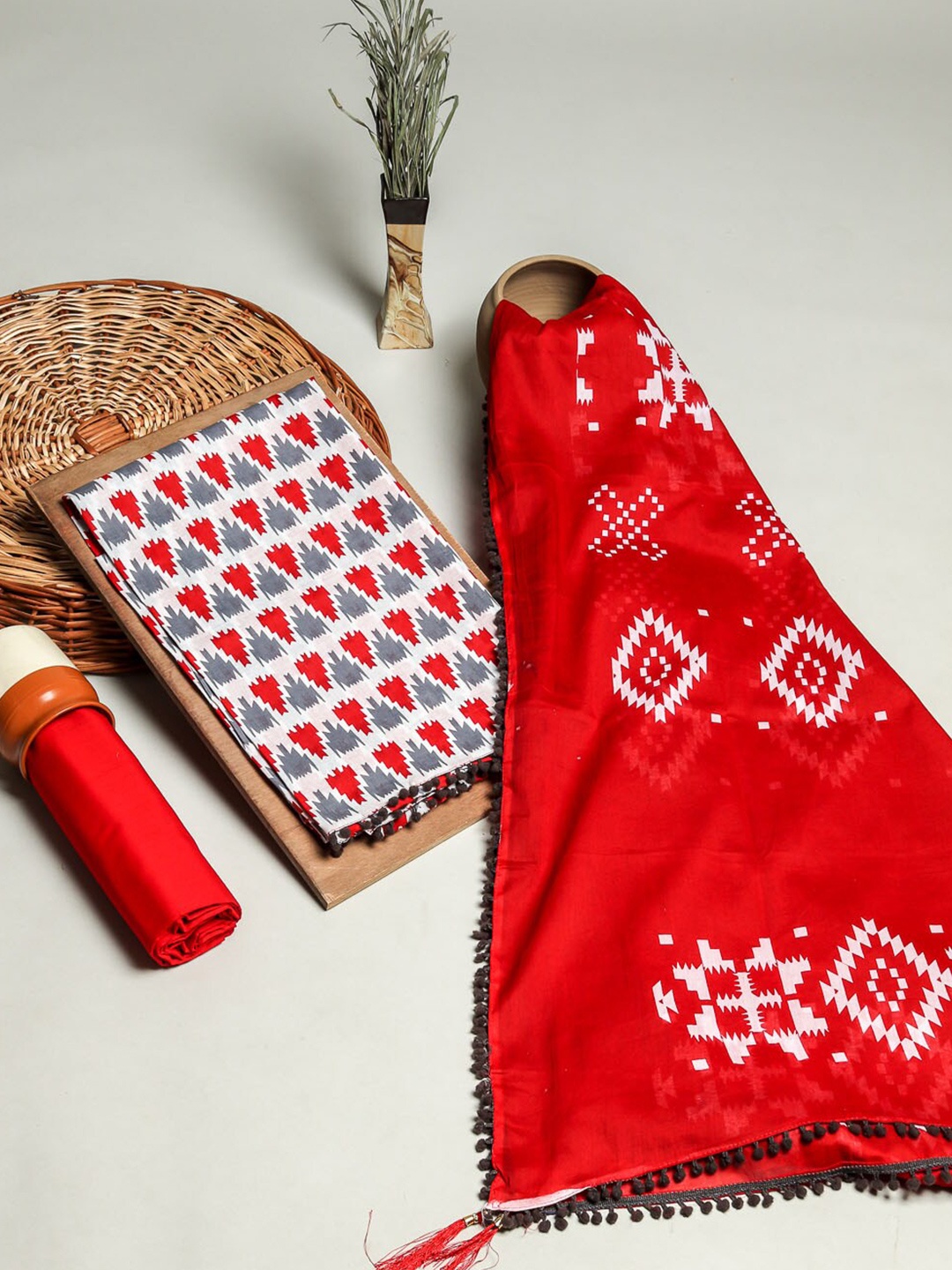

Kishori Sarees Geometric Printed Pure Cotton Unstitched Dress Material, Red