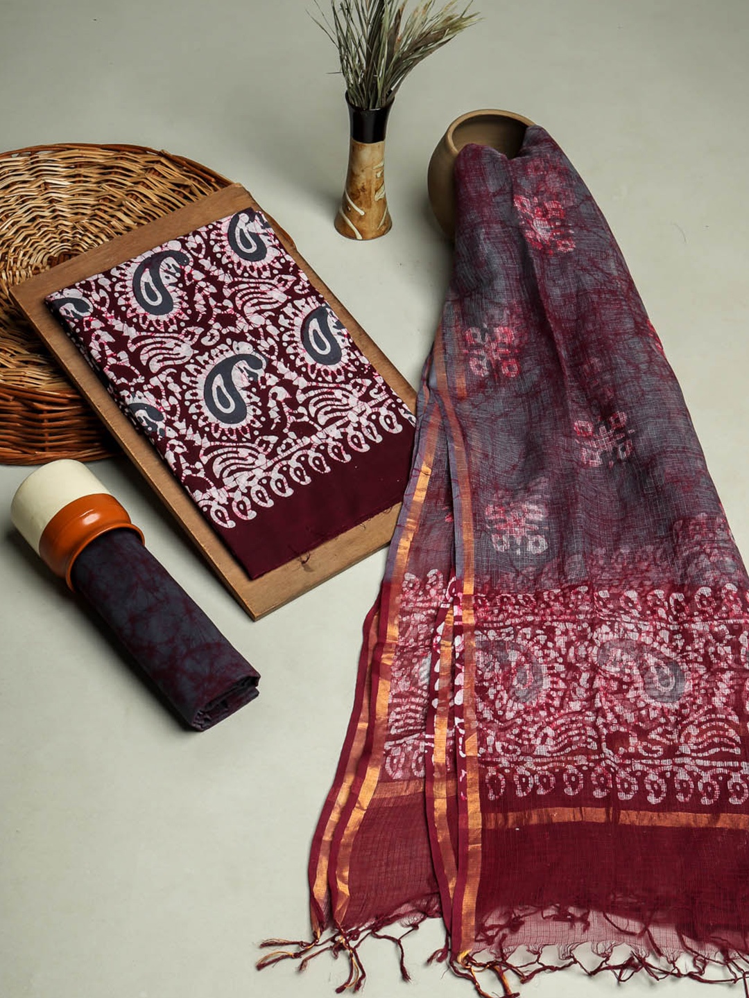 

Kishori Sarees Ethnic Motifs Printed Pure Cotton Unstitched Dress Material, Maroon