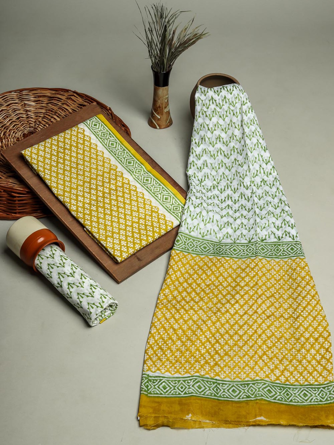 

Kishori Sarees Ethnic Motifs Printed Pure Cotton Unstitched Dress Material, Yellow