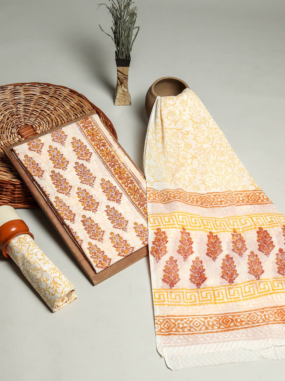 

Kishori Sarees Printed Ethnic Motifs Pure Cotton Unstitched Dress Material, Off white