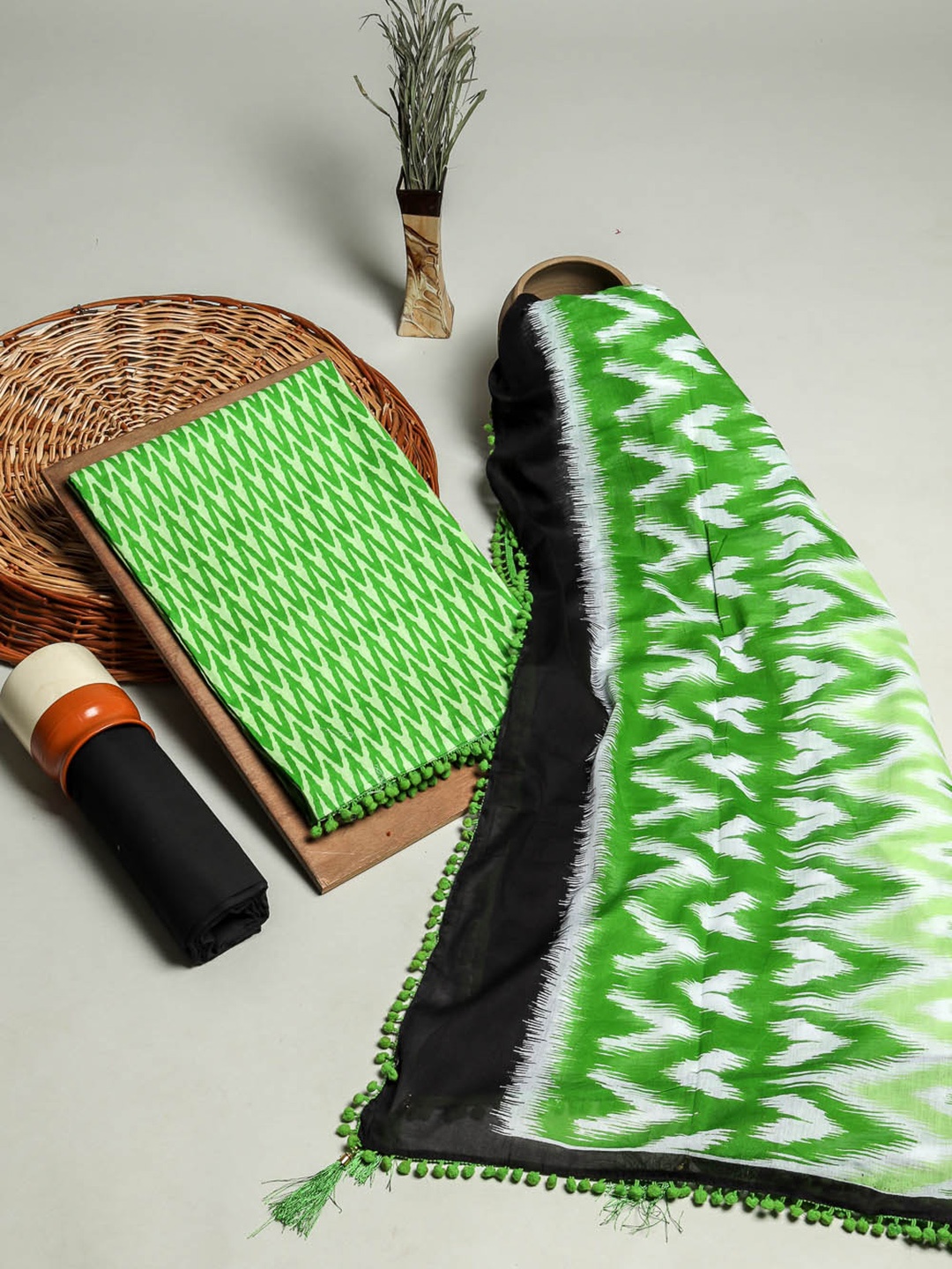 

Kishori Sarees Ikat Printed Pure Cotton Unstitched Dress Material, Green