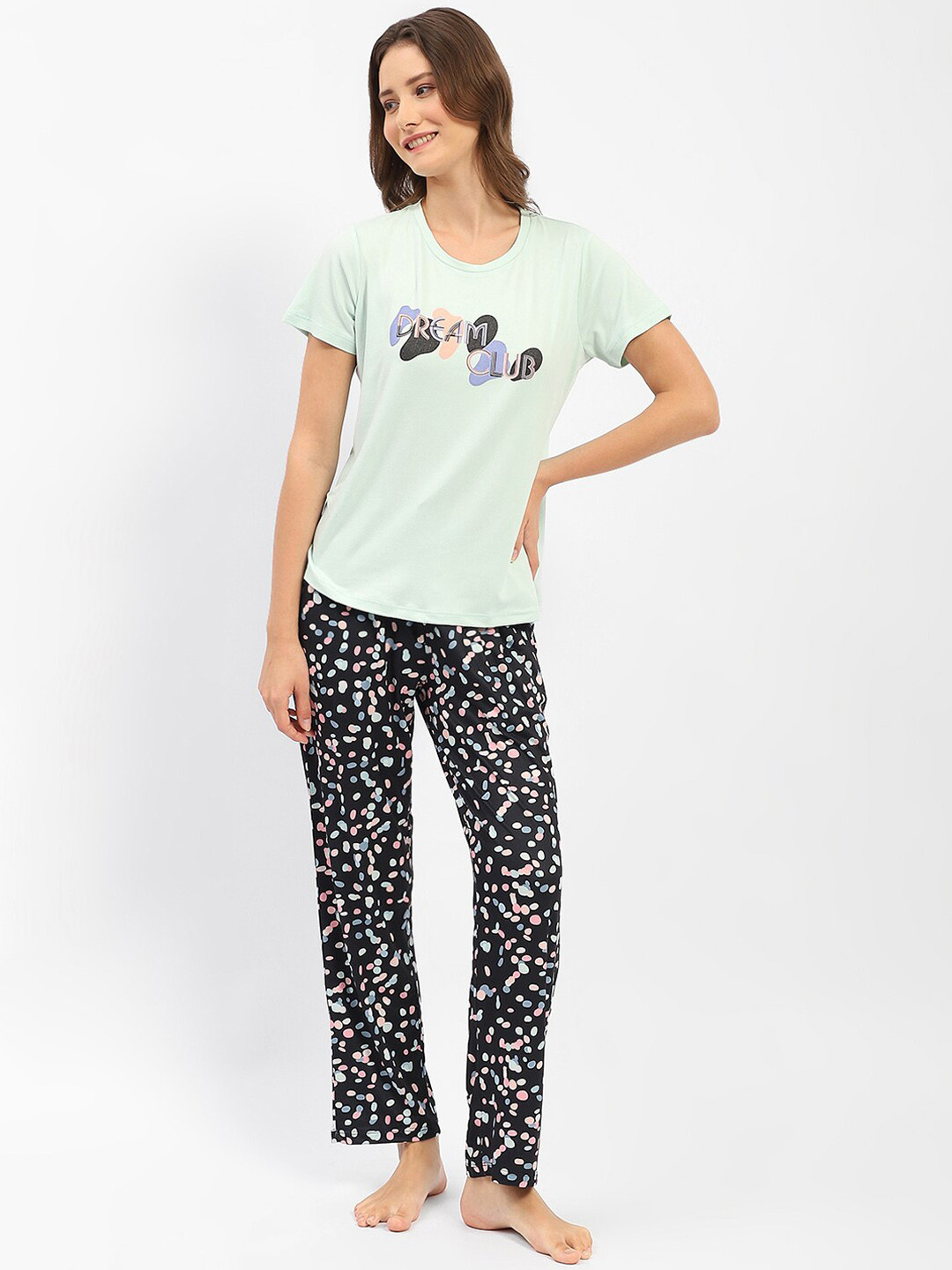 

MADAME M SECRET Typography Printed Night suit, Green