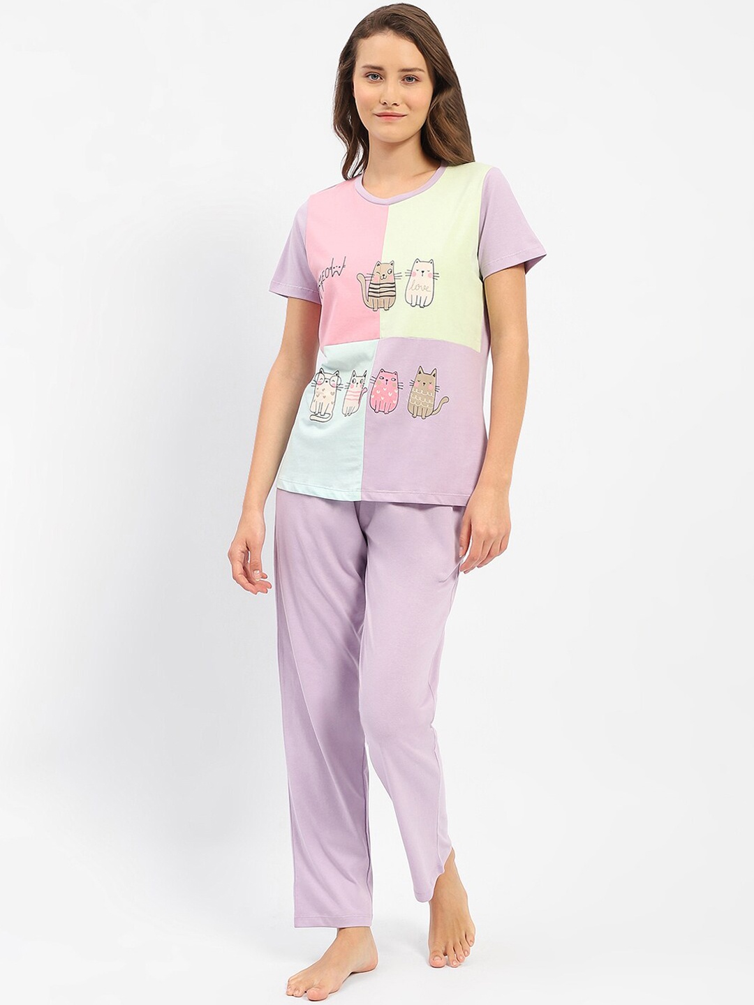 

MADAME M SECRET Graphic Printed Pure Cotton Night suit, Mauve