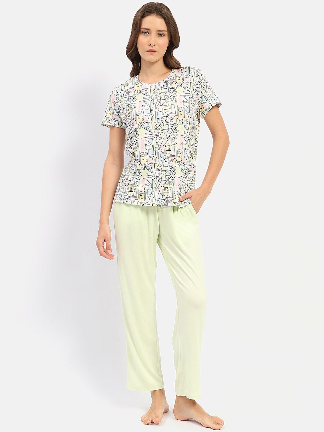 

MADAME M SECRET Abstract Printed Night suit, Lime green