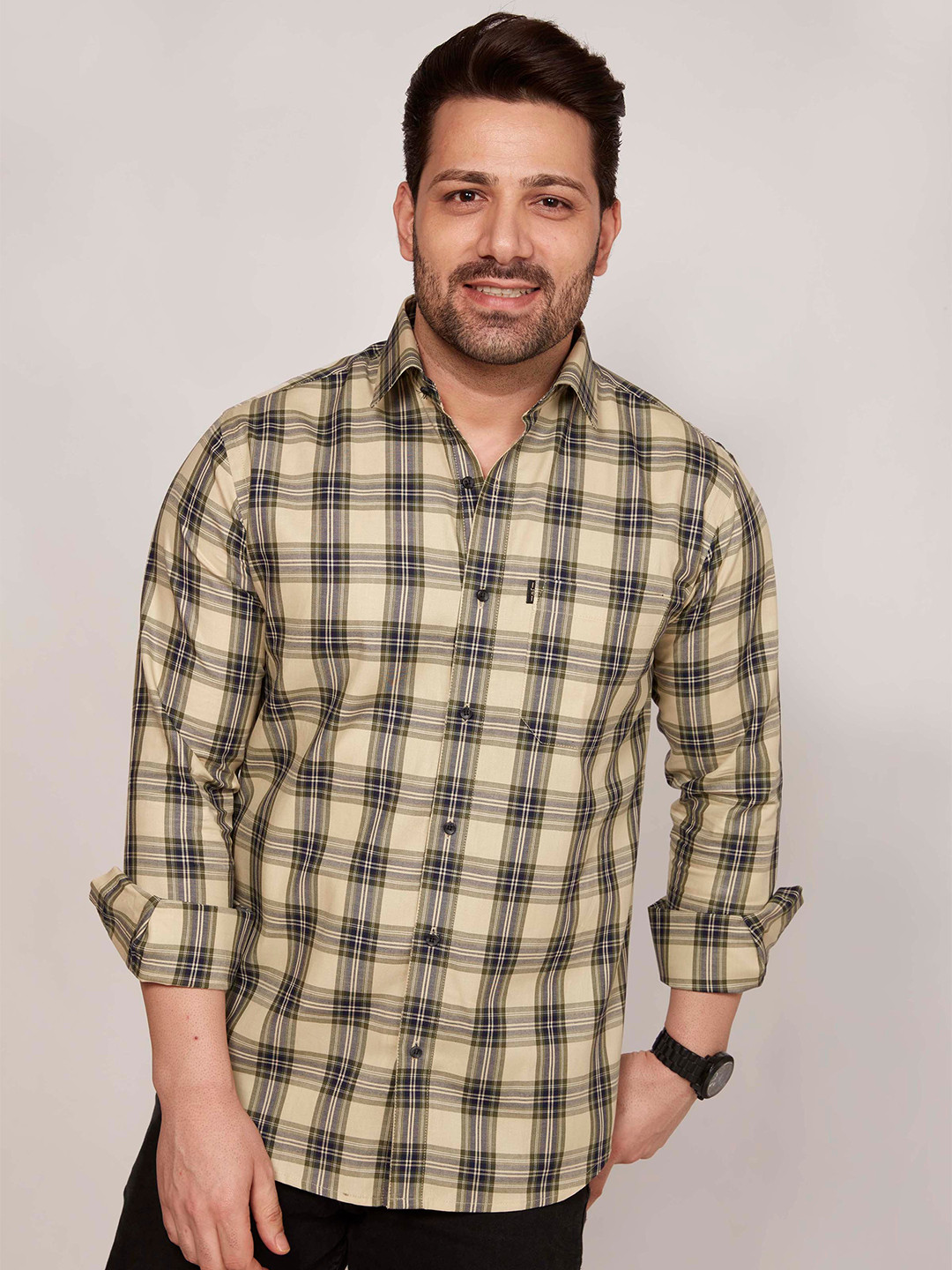 

JOHN WATSON Tartan Checks Contemporary Slim Fit Cotton Formal Shirt, Yellow