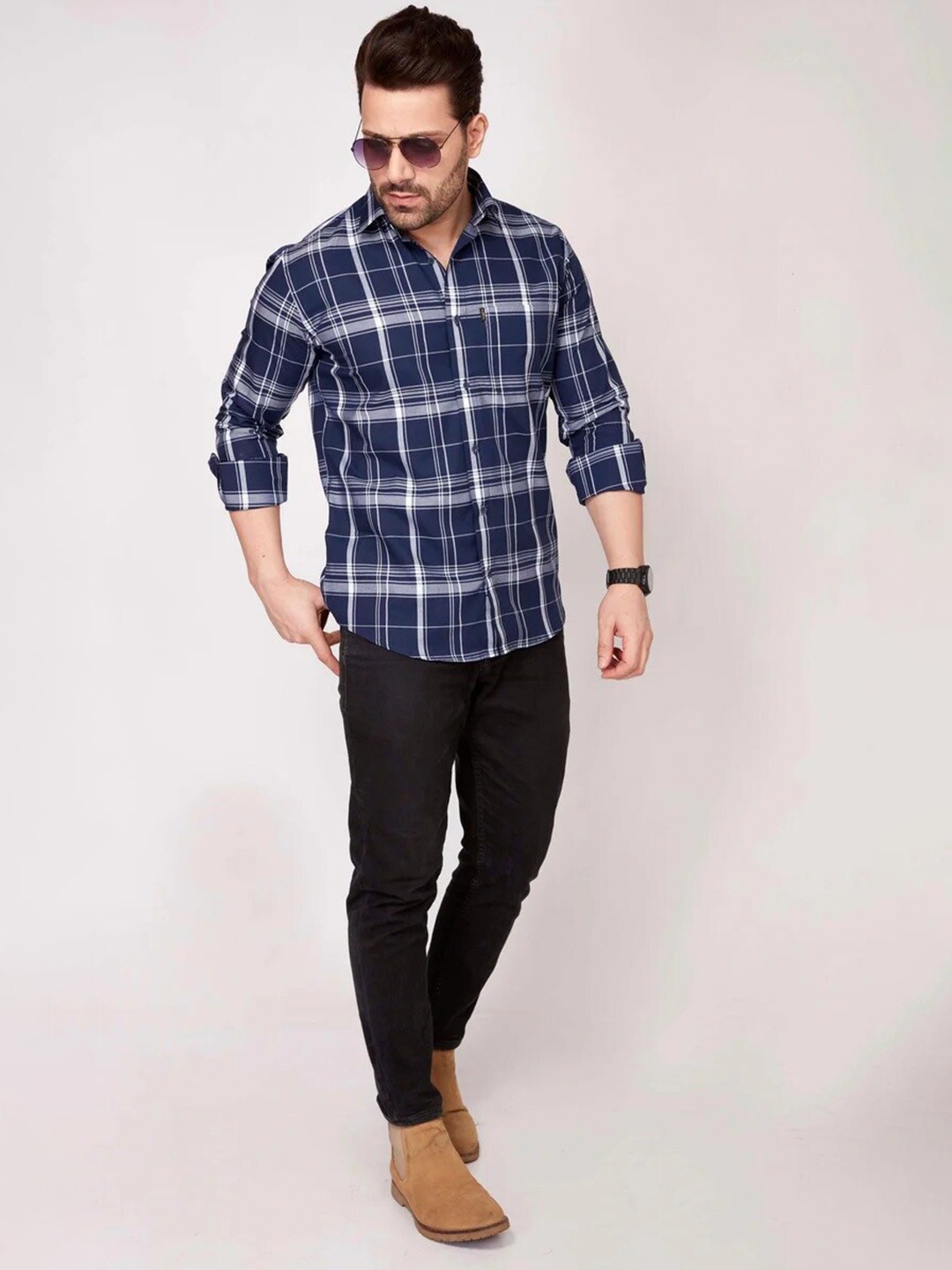 

JOHN WATSON Tartan Checks Contemporary Slim Fit Cotton Formal Shirt, Navy blue