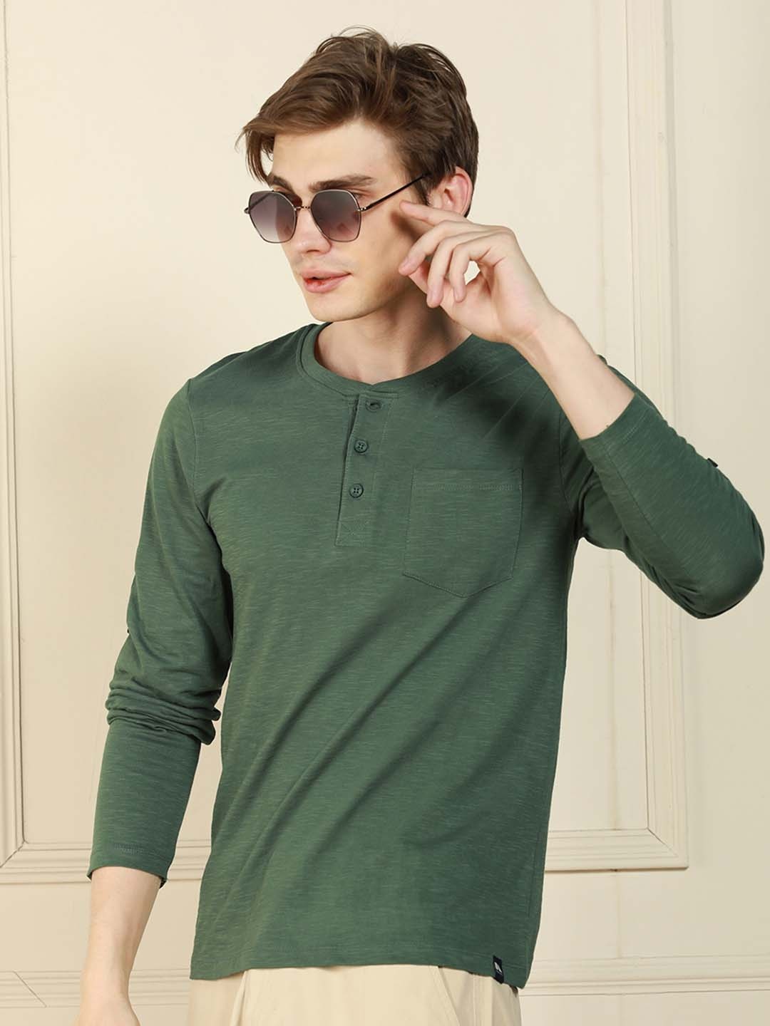 

Dennis Lingo Men Henley Neck Pockets T-shirt, Olive