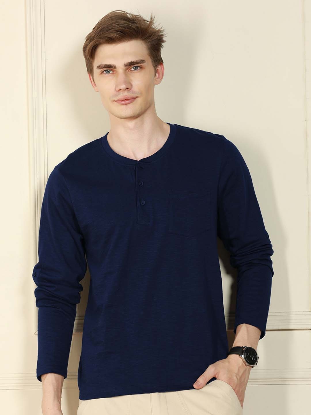 

Dennis Lingo Men Henley Neck Pockets T-shirt, Navy blue