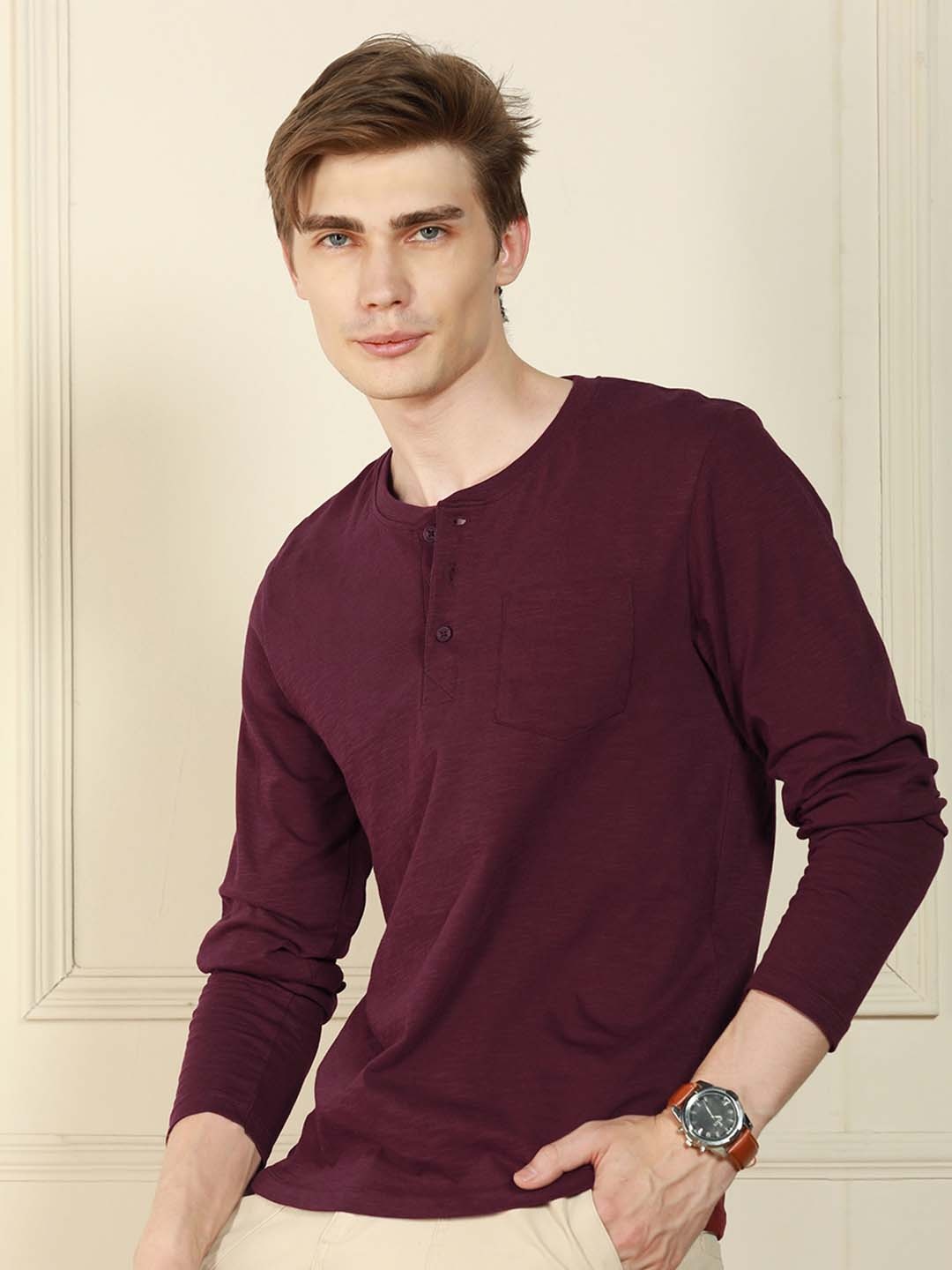 

Dennis Lingo Men Henley Neck Pockets Cotton T-shirt, Burgundy
