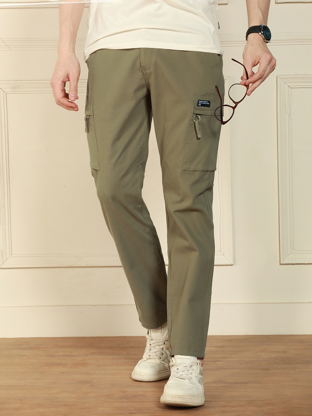 

Dennis Lingo Men Mid-Rise Straight Fit Cotton Cargos Trouser, Olive