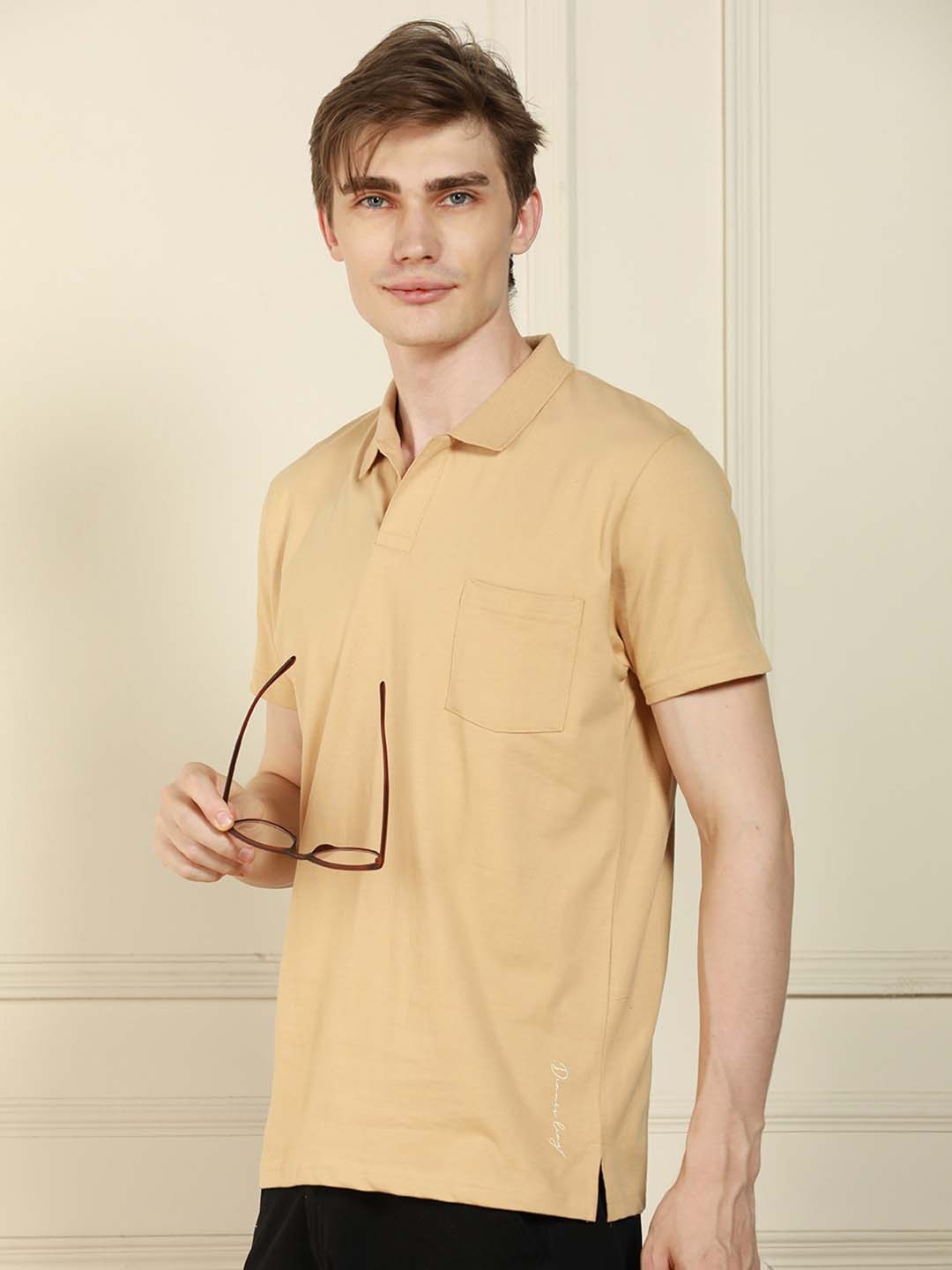 

Dennis Lingo Men Polo Collar Pockets Cotton T-shirt, Cream