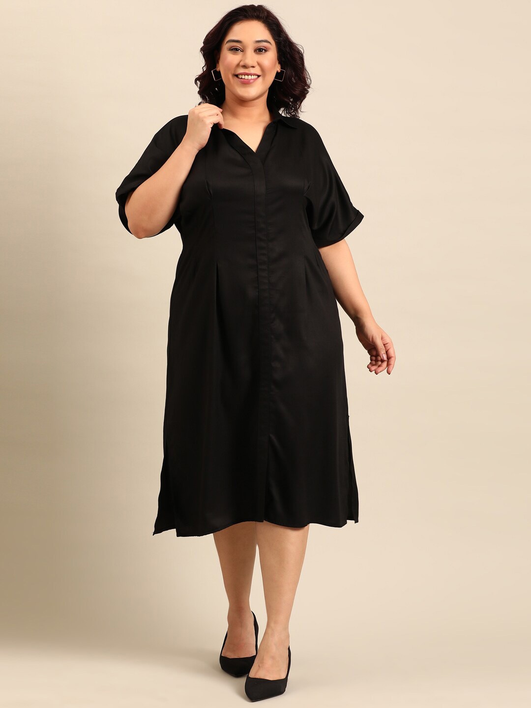 

The Pink Moon Shirt Collar Pleated Crepe Midi A-Line Dress, Black